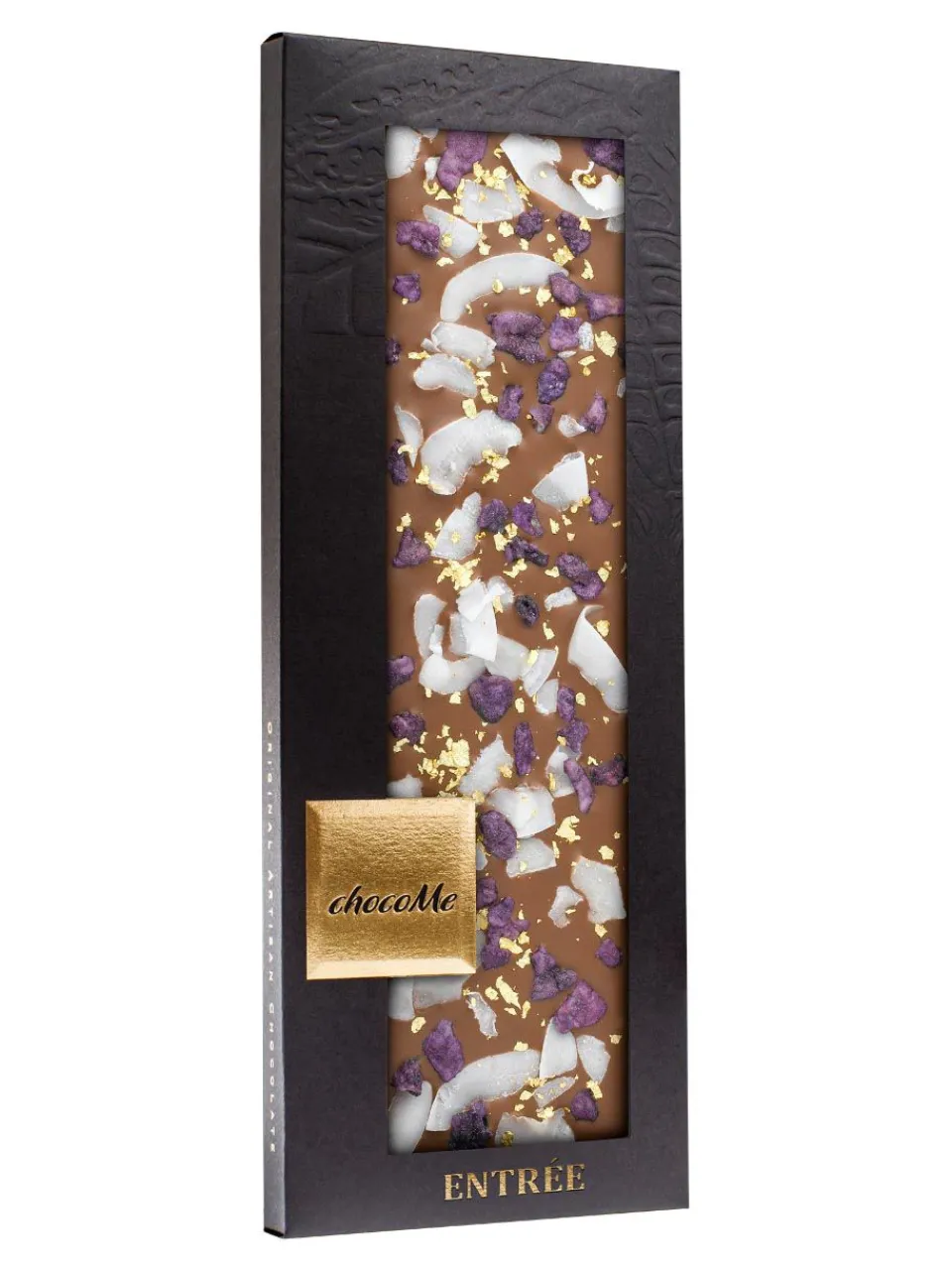 Fashion chocome milk chocolate with crystallized violet petals coconut shavings and with genuine 23 karat gold crumbs