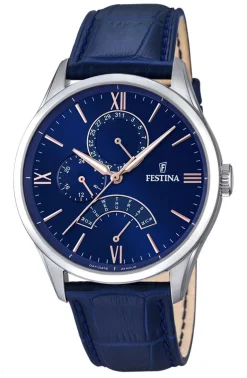 New festina , Retro, men's watch, dial: blue, case: stainless steel, strap: leather/blue