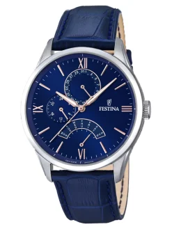 New festina , Retro, men's watch, dial: blue, case: stainless steel, strap: leather/blue