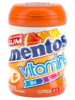 New mentos sugarfree citrus fruit flavoured chewing gum with a liquid filling containing vitamins (B6, C and B12)